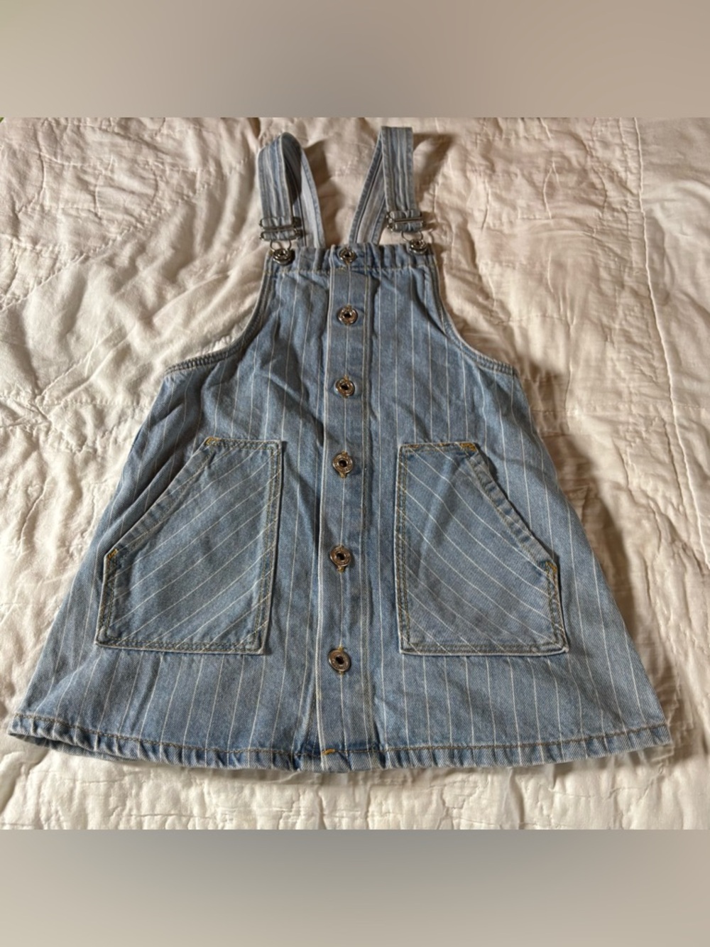 Zara Kids Denim Striped Dungaree Overalls Dress/Jumper Light Wash Pockets Sz 7